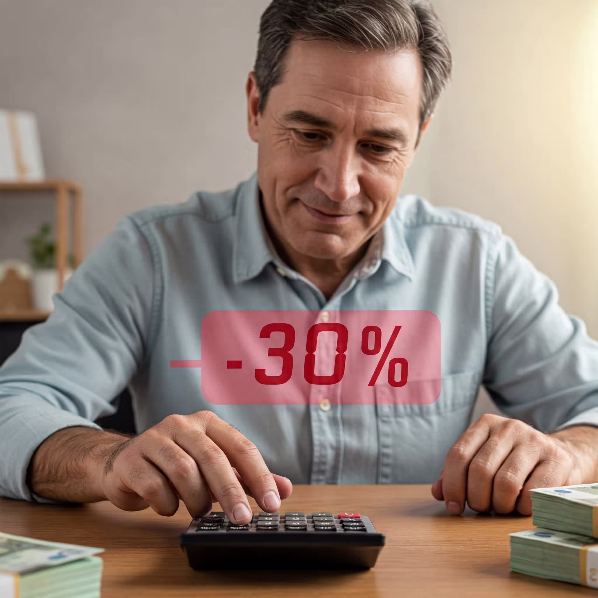 Hombre calculando ahorros con un gráfico de -30%
