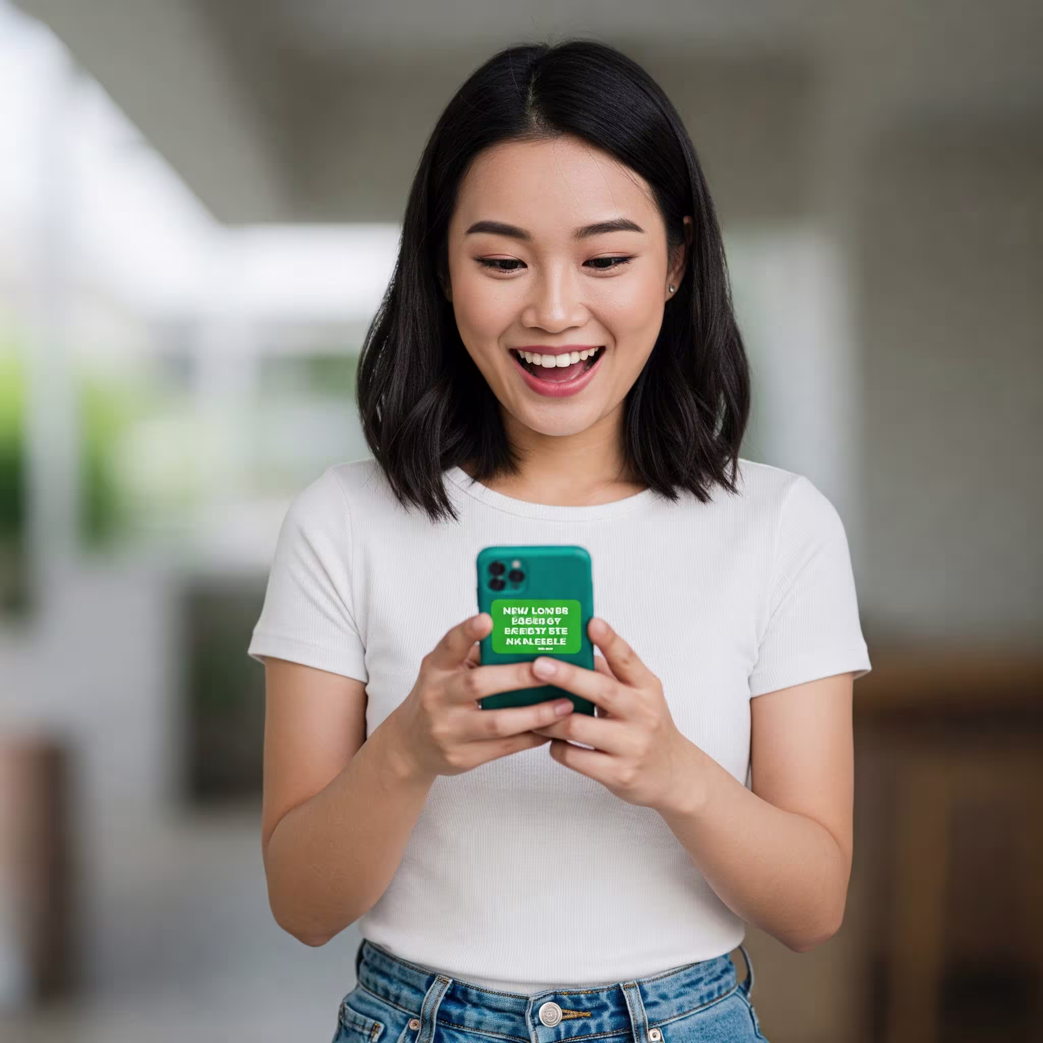 Mujer feliz usando un smartphone.